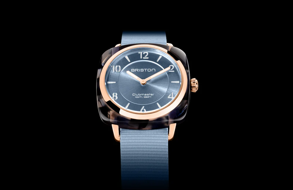 Briston Clubmaster Chic watch with ice blue dial, tortoiseshell acetate case and blue strap