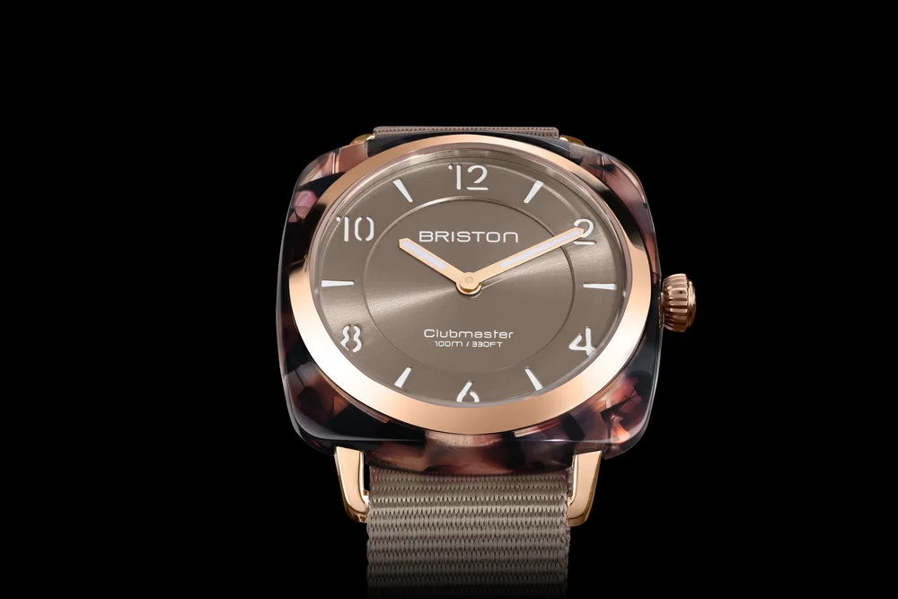 Briston Clubmaster Chic watch with taupe dial, tortoiseshell case and rose gold crown