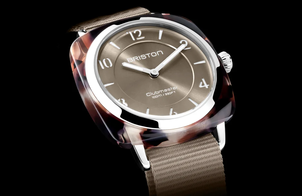 Briston Clubmaster Chic watch with sand coloured dial and tortoiseshell acetate case