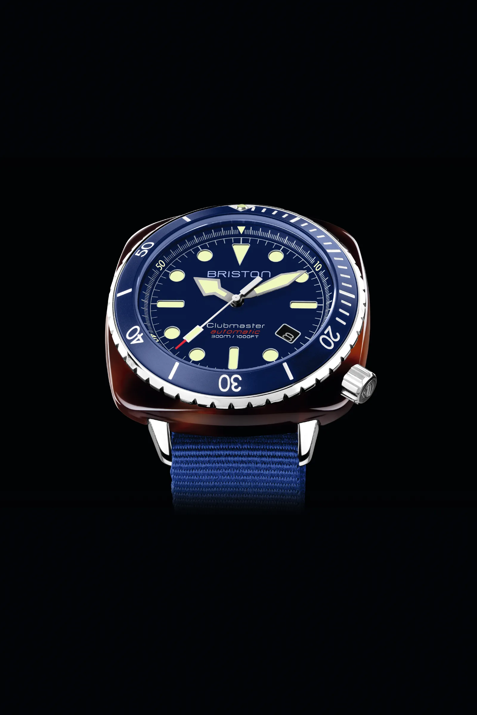 Briston Clubmaster Diver with a blue sunray dial on a blue NATO strap