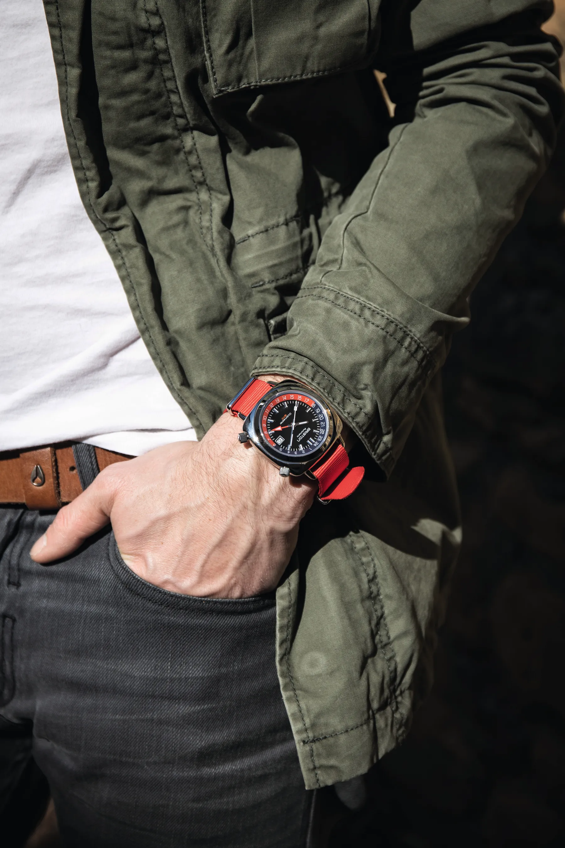 Briston Clubmaster GMT worn with a tailored blue suit cuff