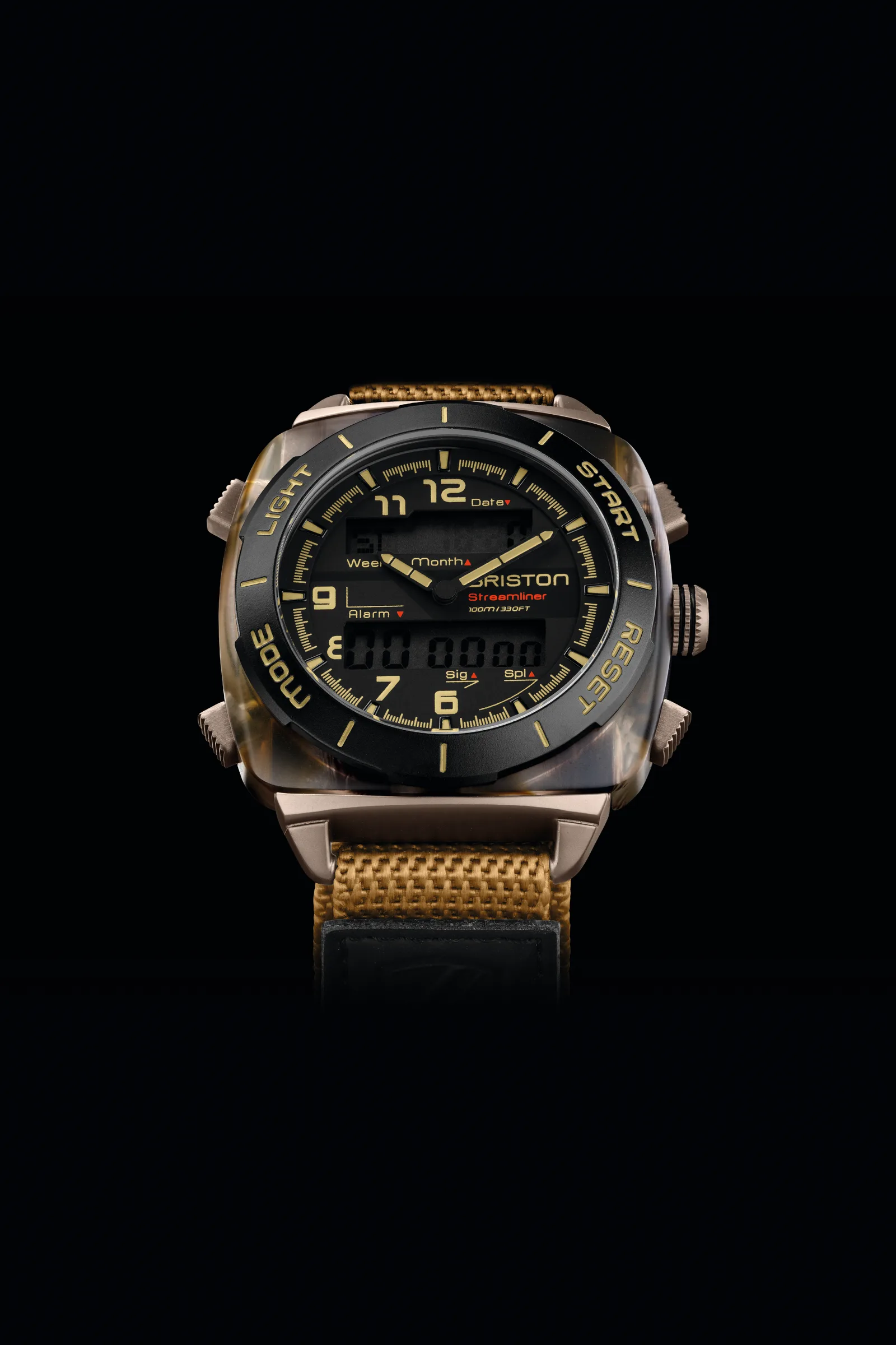 Briston Streamliner Adventure ana digi watch in a bronze tone case on a khaki field strap