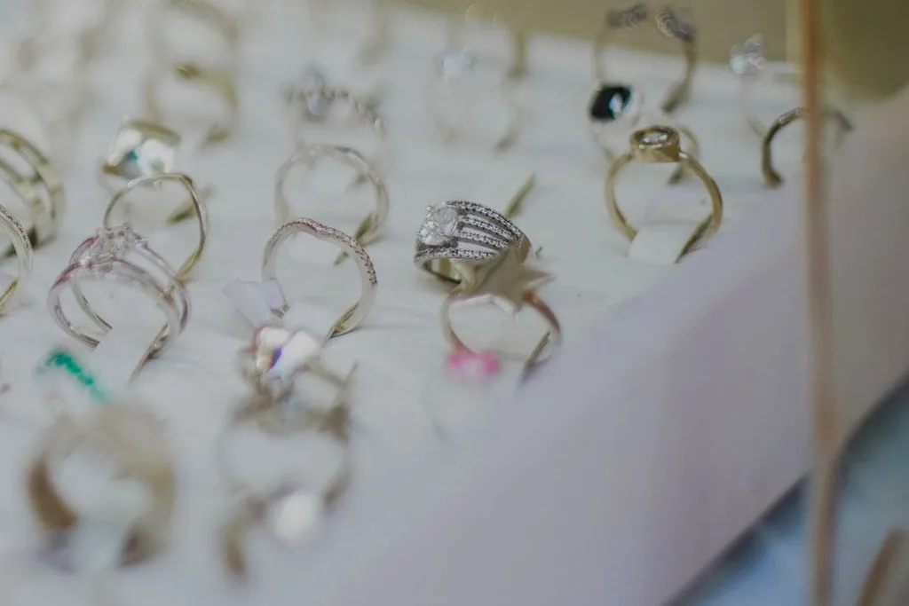 Rows of nearly identical rings in a white retail display tray