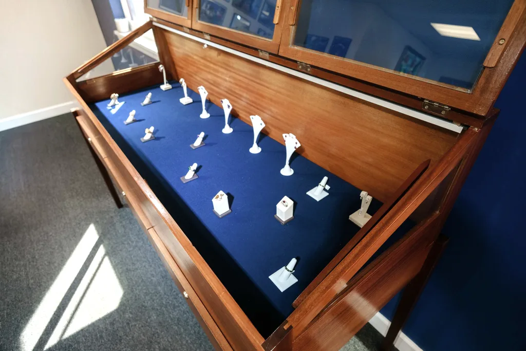 Rings set with coloured gemstones and diamonds arranged on blue velvet in a display case