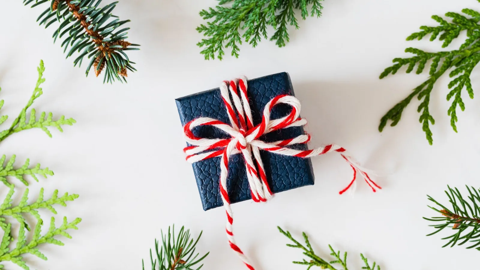 A small navy gift box tied with red and white twine among evergreen sprigs