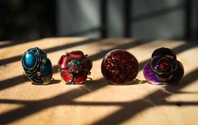 Antique rings with colored stones in raking light
